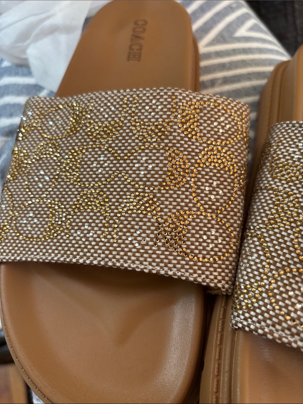 COACH Tan Crystal-Accent Slide Sandal with Signature Pattern